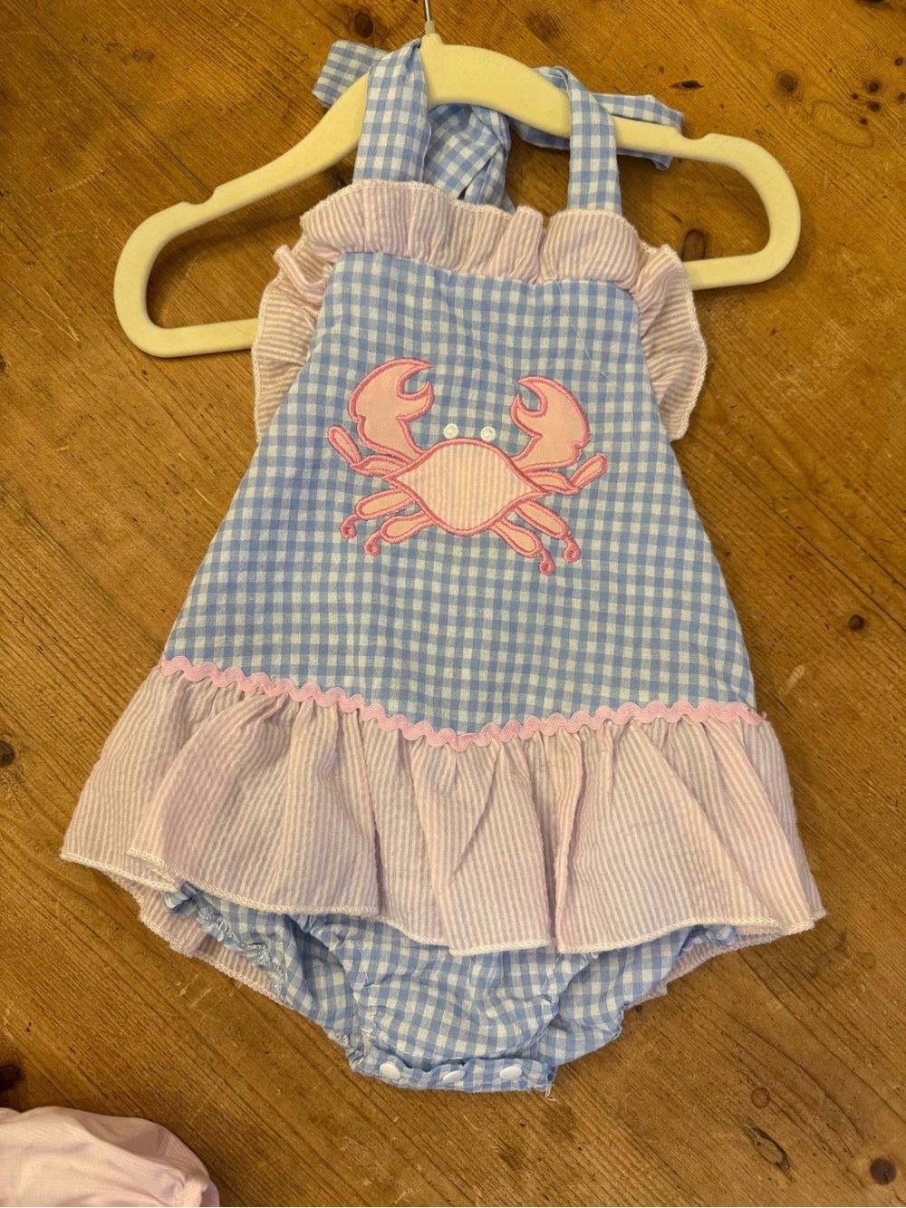 Girls' Blue Gingham Crab-Embroidered Ruffle One-Piece